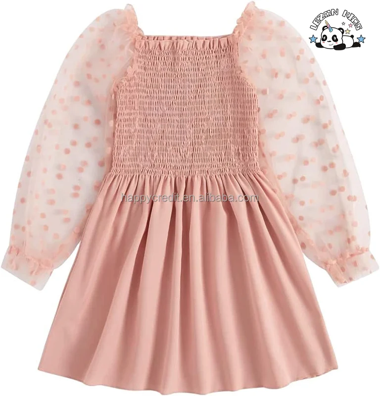 LEZONKIDS - Vestido de verão personalizado para meninas com bolinhas, babado de malha, manga longa, franzido e saia evasê, tamanho 7 anos, cor rosa